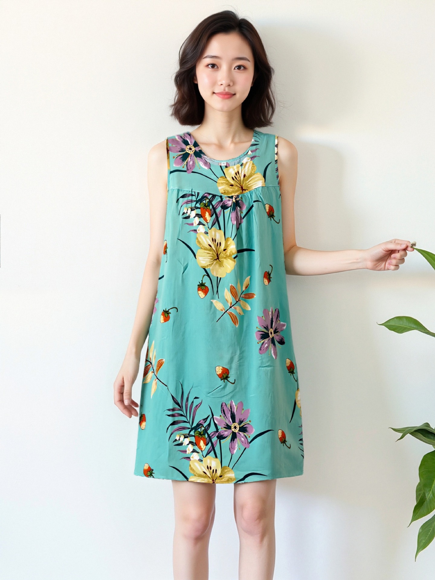 女性用ナイトガウン夏プラスサイズノースリーブコットンシルクミッドレングス人工綿ルーズドレス中高年パジャマホームウェア