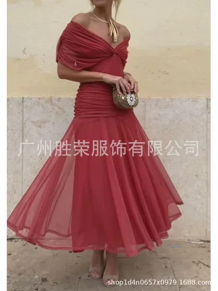 New Cross-Border Foreign Trade European and American Women's Fashion Solid Color Printed Deep V-Neck Waist-Cinching Off-Shoulder Two-Way Wear Flared Dress for Women
