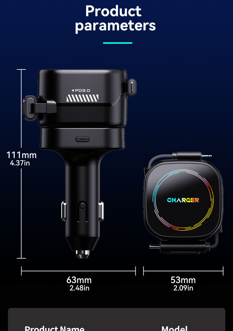 Cross-border new model car charger with ambient lighting, featuring a retractable cable, cigarette lighter socket, and window-breaking hammer – a four-in-one fast-charging car accessory