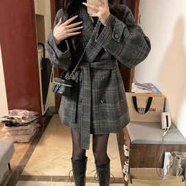 盐系小香风格子毛呢外套女2025秋冬季新款轻熟风慵宽松中长款大衣