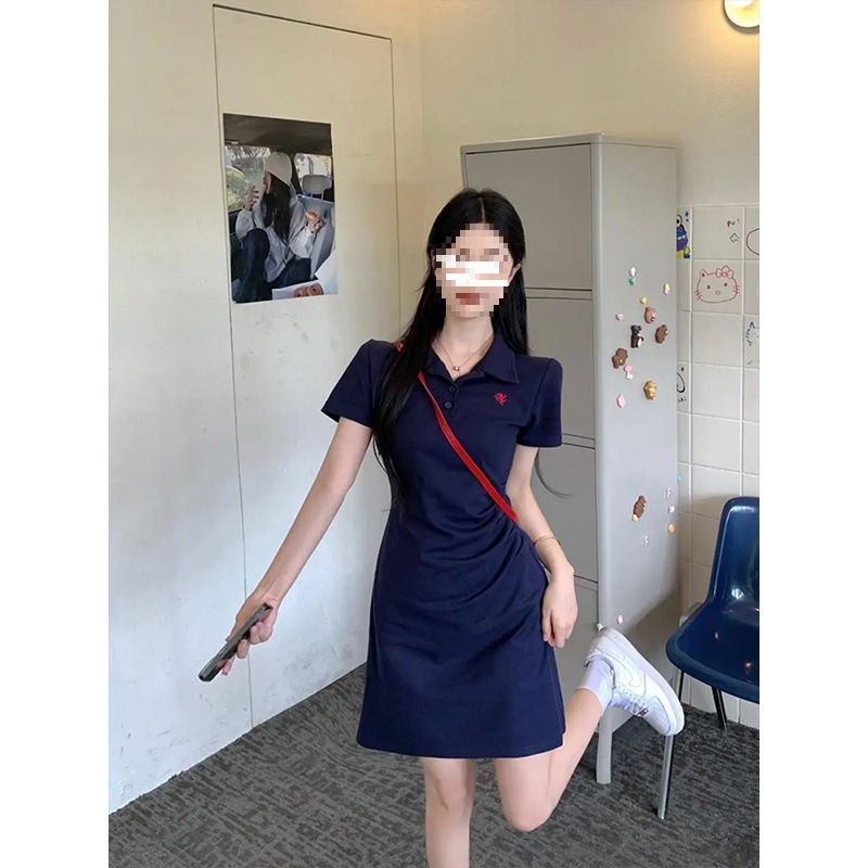 襟付きワンピース、右肩ウエスト、半袖スカート、着痩せヒップスカート、夏|undefined