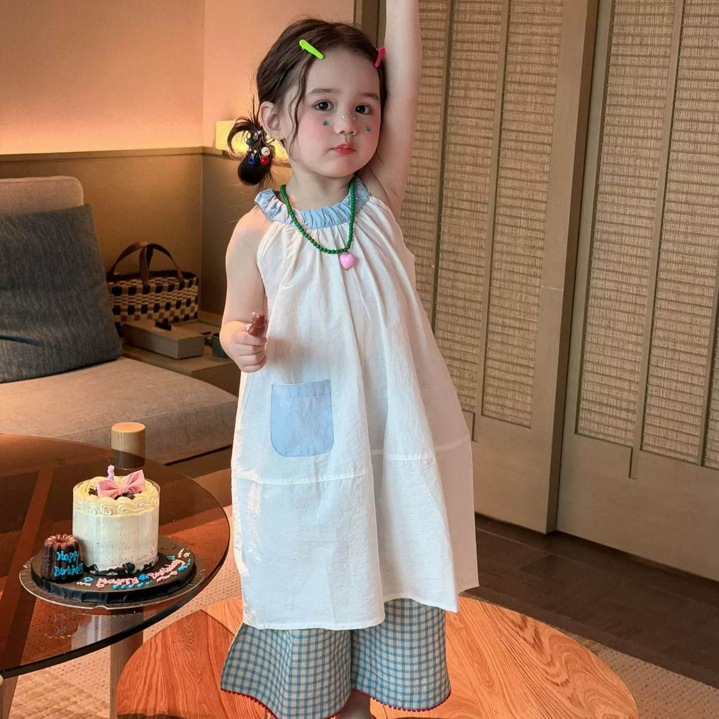 2026夏季新款童装 韩版童装 女童纯色挂脖连衣裙 棉布裙子 叠穿