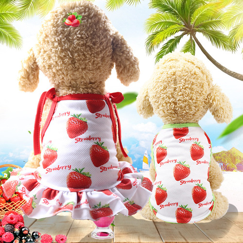 Pet Fruit Strawberry Banana Print VIP Teddy Puppy Cat Clothes Skirt T-shirt Vest Couple Wear