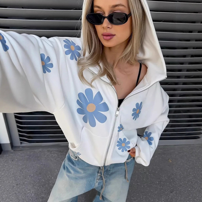 New Flower Print Hooded Sweatshirt Jacket Zipper Loose Fashion Versatile Casual Lazy Style Autumn and Winter Hoodie for Women