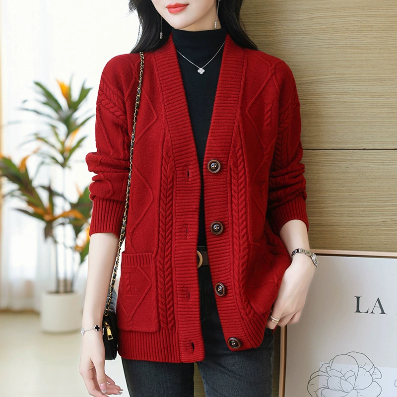 2024 Весенний новый вязаный кардиган для мамы среднего возраста, модный Свободный подходящий ко всему Однотонный женский кардиган, свитер, пальто
