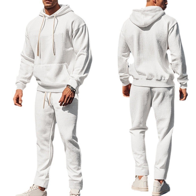 Men's Clothing heavy jacquard small square long sleeved trousers hooded suit _voghion.com