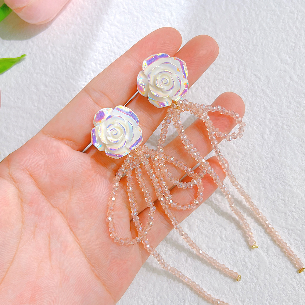 1 Pair Sweet Flower Bow Knot Glass Metal Beaded Womenu0027S Drop Earrings