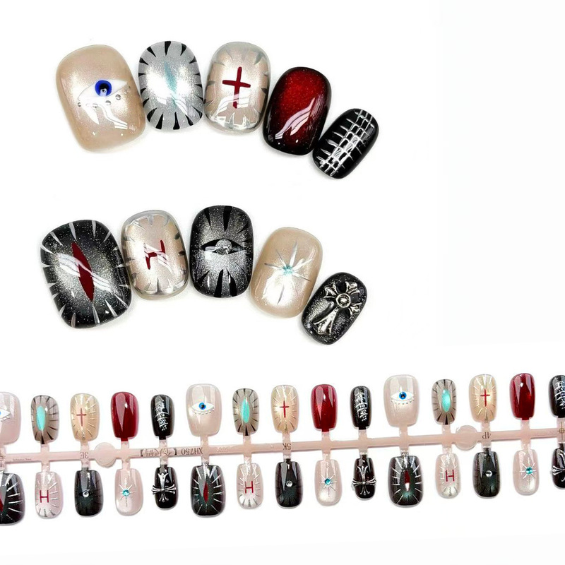 Dark Style Devil's Eye G-Dragon Style Wearable Nails with Silver-Plated Chrome Hearts Glass Beads Cat Eye Nail Stickers