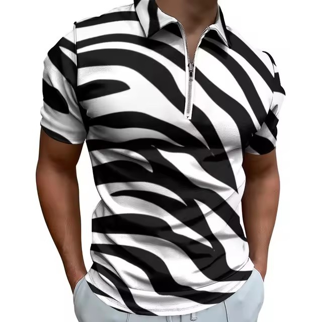 Camisa POLO con cremallera de manga corta suelta y transpirable con estampado 3D de graffiti a rayas irregulares de colores personalizados para hombres