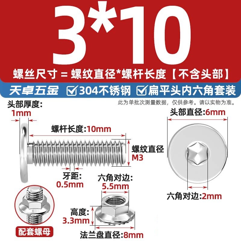 304不锈钢CM大平头超薄头C头扁平头内六角螺丝钉法兰边螺母套装M5|undefined