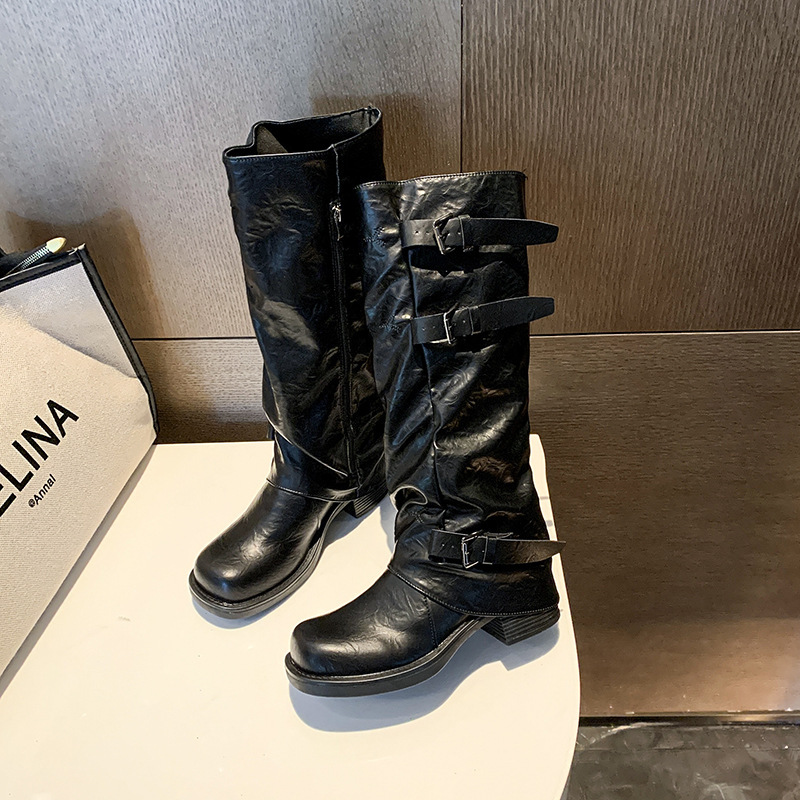 厚底粗跟皮带扣褶皱中筒靴女2025秋季新款裤管马丁靴西部牛仔短靴|undefined