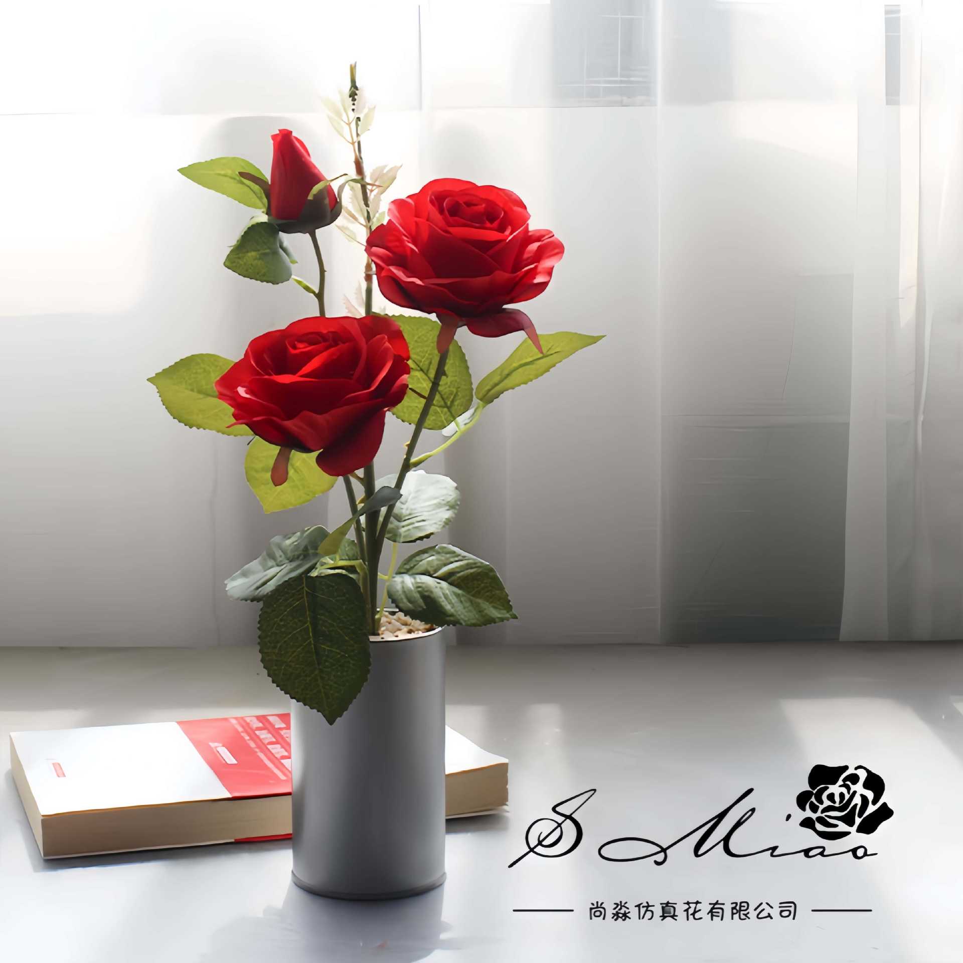 Flores simuladas de tres cabezas de rosa pequeña decoración creativa bonsai fábrica de decoración directa para plantas verdes artificiales falsas macetas simuladas image 9
