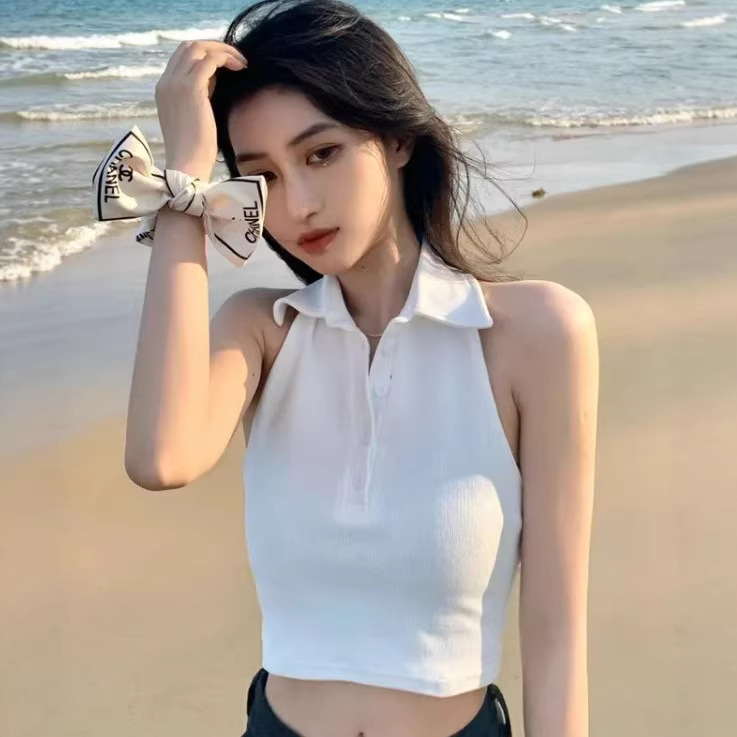 Cross-Border Pure Desire Spicy Girl Polo Collar Button Halter Neck Slim Fit Tank Top for Women, Summer Sexy Backless Top for Women Trendy