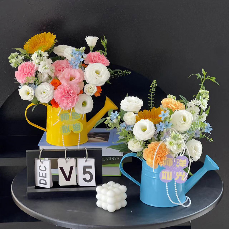网红教师节插花器水壶铁艺装饰小水壶花艺插画摆件花店创意装饰