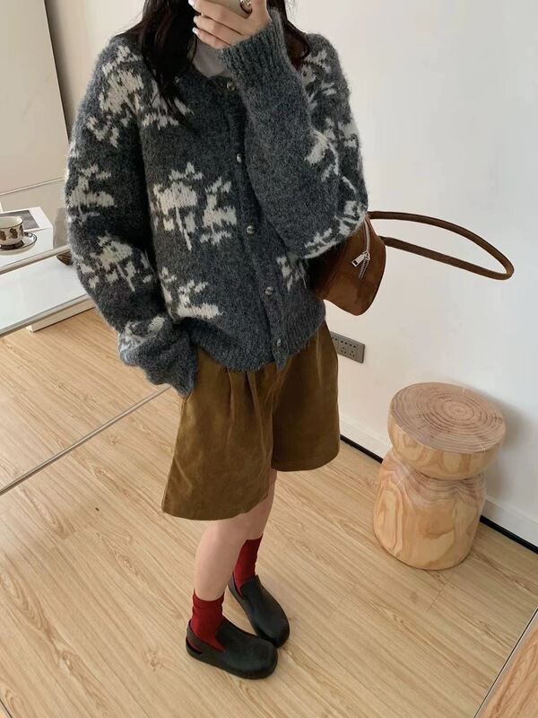 韩系复古费尔岛提花毛衣女秋冬新款慵懒风重工雪花短款开衫外套潮|undefined