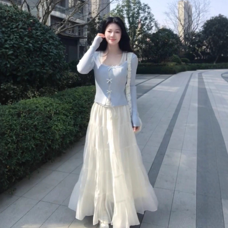 纯欲假两件时尚套装女装蝴蝶结开衫温柔高腰半身裙中长裙两件套装|undefined