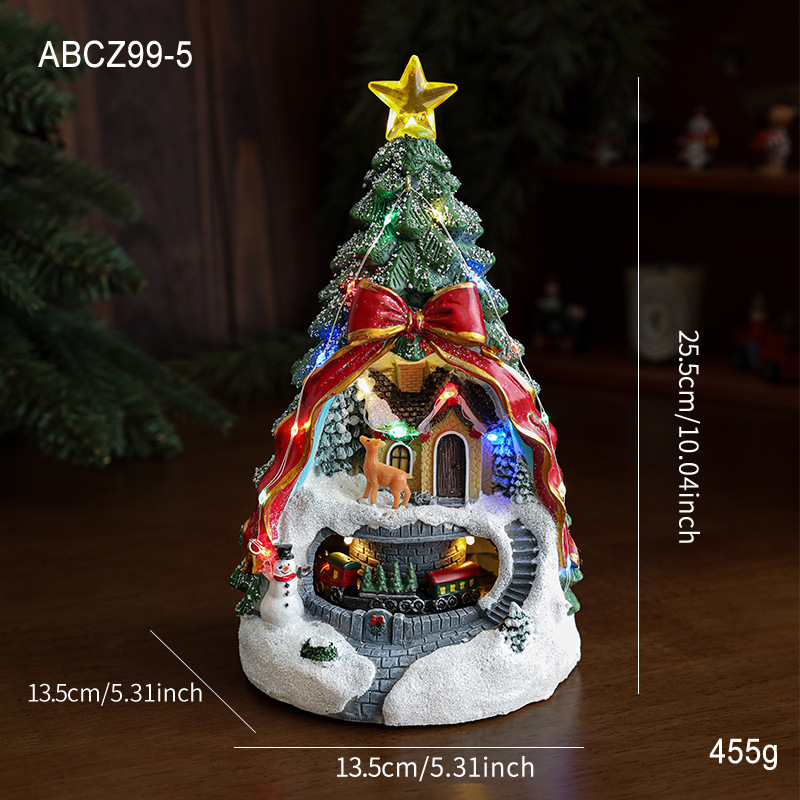 Casa de Navidad de color de resina puede girar el tren luminoso de luz de color caja de música decoración de escritorio de Navidad