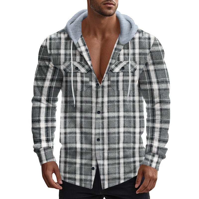 Cross-border American Retro Plaid Shirt Men's Autumn and Winter Hooded Flannel Jacquard Shirt Amazon Casual Jacket Men