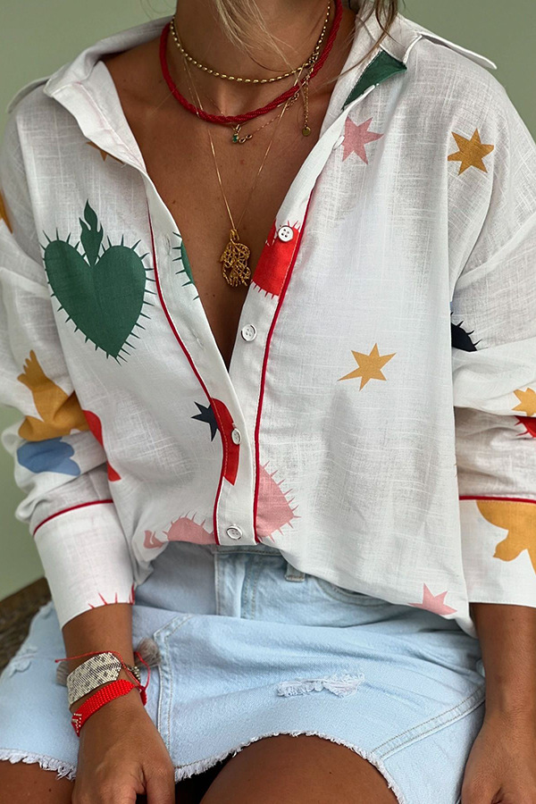 Blouse Tops Type Holiday Occasion Turndown Neckline Wholesale Women's Streetwear Abstract Star Heart Shape Long Sleeve Printing Button Blouses