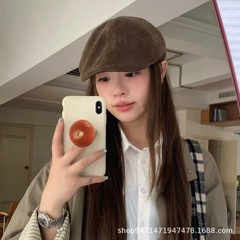 韩版麂皮绒质感反带前进帽女2025秋冬新款贝雷帽复古英伦风报童帽