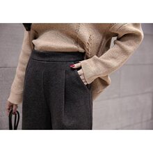 秋冬新款加厚宽松显瘦高腰休闲直筒毛呢九分阔腿裤港味女加大码