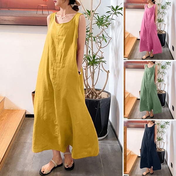 European and American Summer New Long Sling Cotton and Linen Simple Style Loose Pocket Round Neck Elegant Sleeveless Dress for Women European and American Summer New Long Sling Cotton and Linen Simple Style Loose Pocket Round Neck Elegant Sleeveless Dress for Women