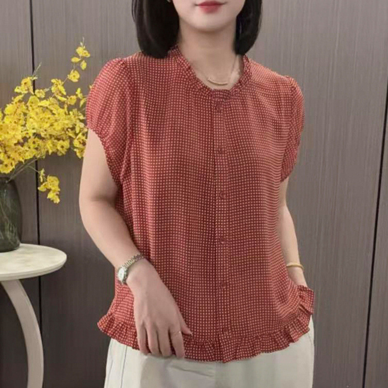 Summer New Fashion Lace Collar Plaid Short-Sleeved Shirt for Women, Versatile, Loose, Slimming, Stylish, Age-Reducing Cardigan