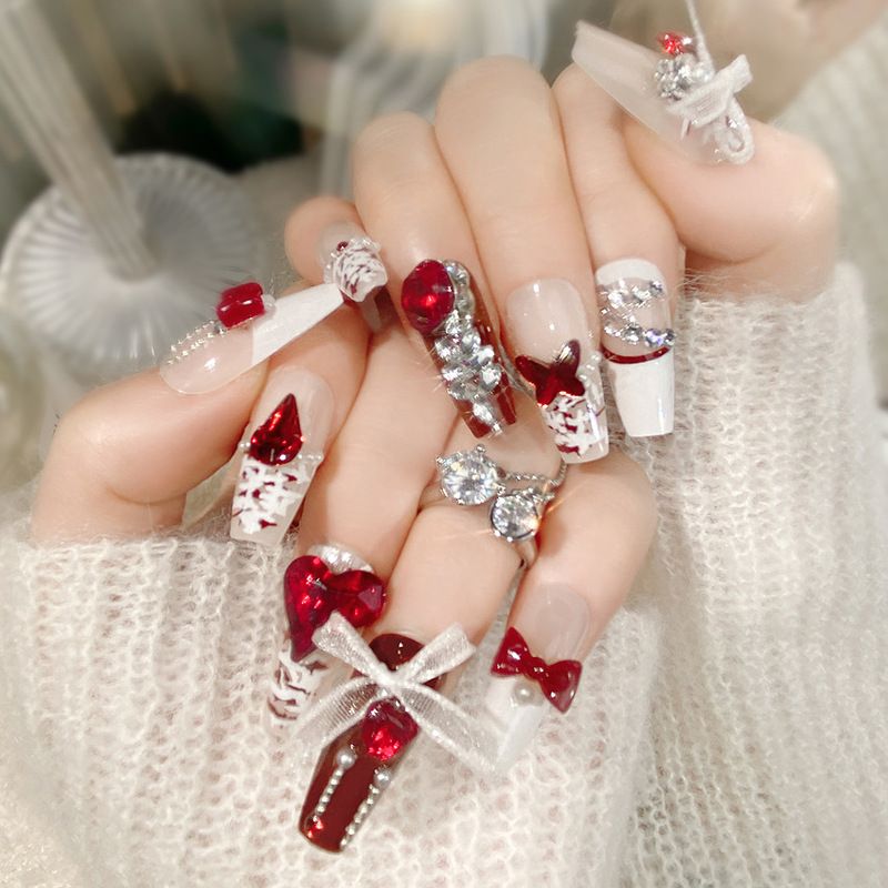 Autumn and Winter New Year Wear Armor Finished Hand Manicure Lace Bow Red Love Fake Nail Patch Nail U63 Autumn and Winter New Year Wear Armor Finished Hand Manicure Lace Bow Red Love Fake Nail Patch Nail U63