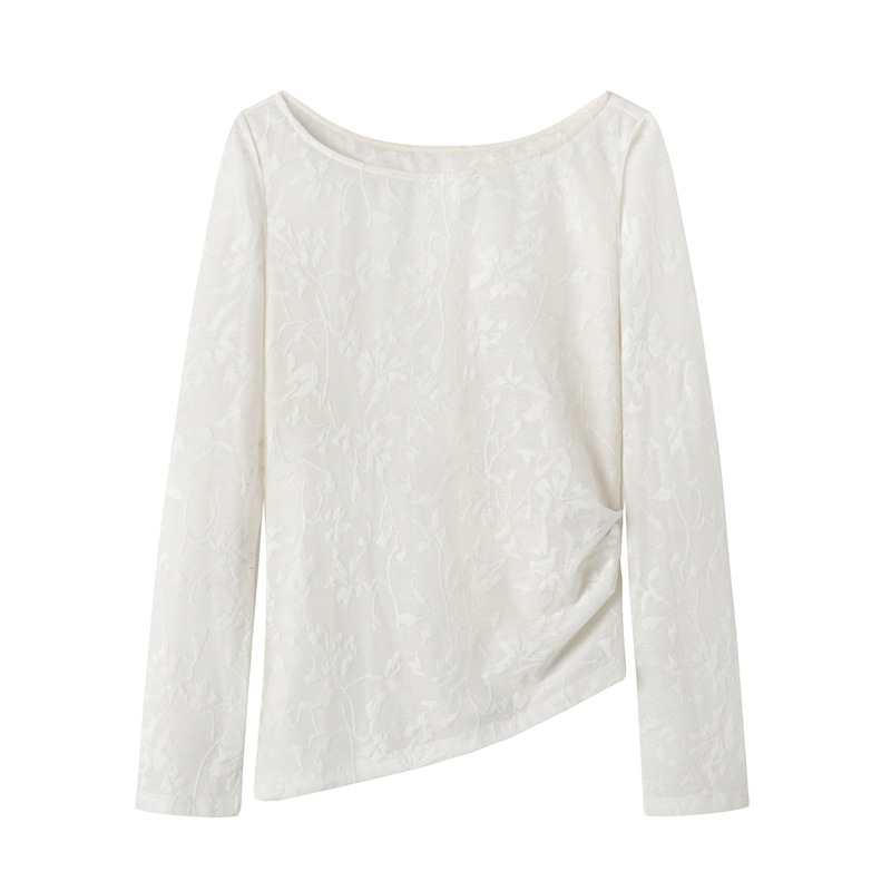 2025 New Autum One-Line Collar Lace Shirt Bell Sleeve Shirt Asymmetrical Top Thin Women D403Nm10Mz00