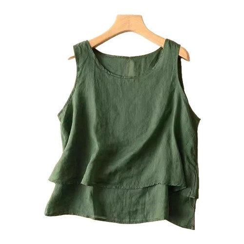 Loose and Comfortable Vintage Simple Design Crew Neck Top with Short Front and Long Back, Cotton-Linen Blend Tank Top for Plus Size