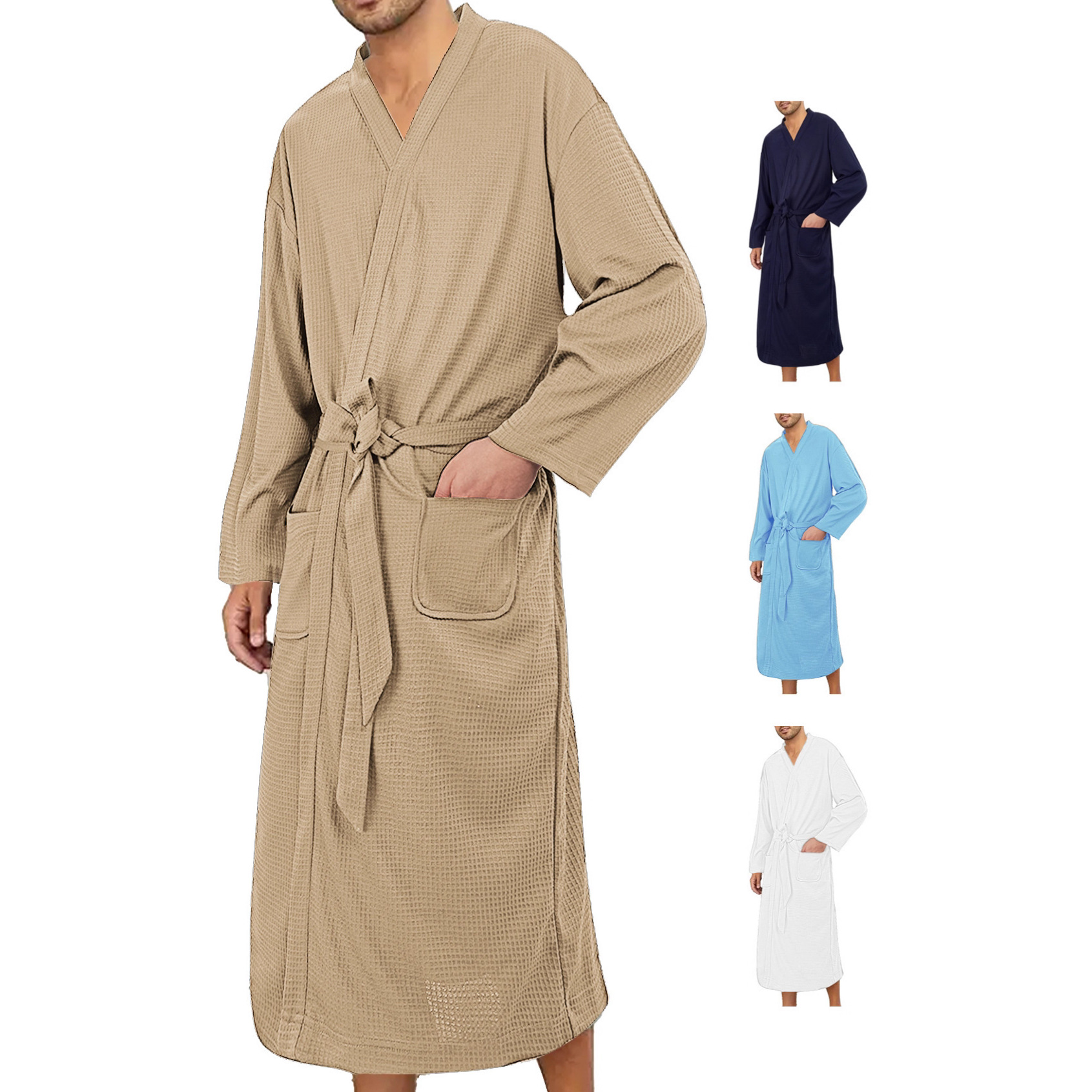 Waffelgewebe-Bademantel für Damen und Herren – Leichter Spa-Bademantel mit Taschen (S/M/L, Blau/Marineblau/Schwarz/Weiß, schnelltrocknendes Polyester, Luxus im Hotelstil)_voghion.com
