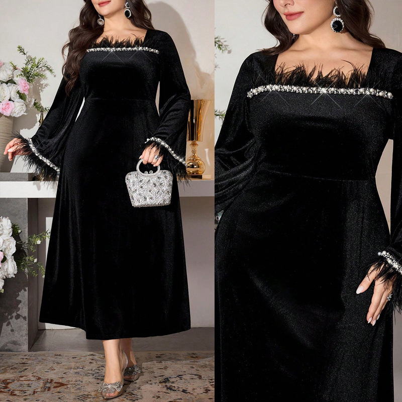 European and American plus-size black sequined velvet feather-embellished long gown, featuring flared sleeves, elegant design, suitable for evening parties and formal occasions, women's dress European and American plus-size black sequined velvet feather-embellished long gown, featuring flared sleeves, elegant design, suitable for evening parties and formal occasions, women's dress