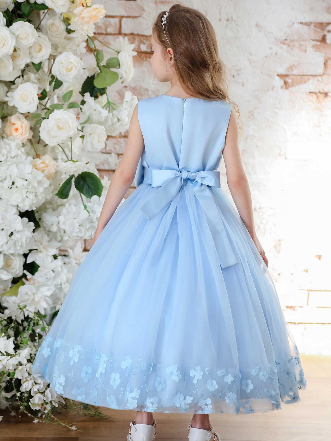 Vestido transfronterizo para niños de Amazon, vestido de novia para niñas, vestido de princesa para niñas, vestido de encaje azul para niños