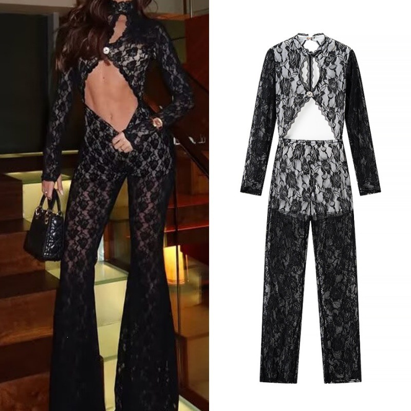 Cross-border foreign trade wholesale, European and American style, super sexy hot girl style design, hollowed-out lace jumpsuit pants that show off your figure