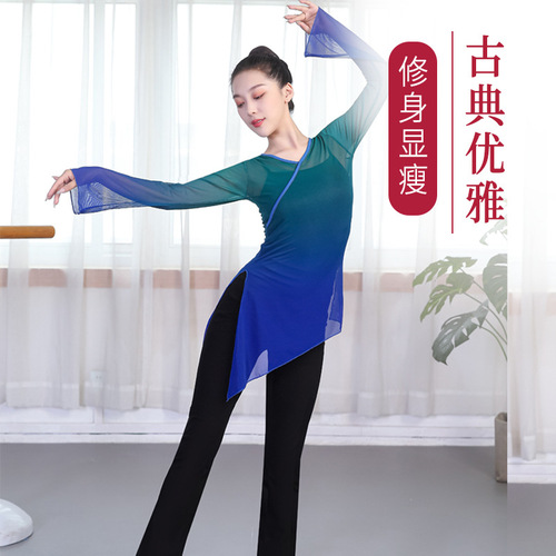 Dance practice costumes for women, including Chinese dance tops, classical dance costumes, physical training attire, Latin dance costumes, and modern dance costumes.