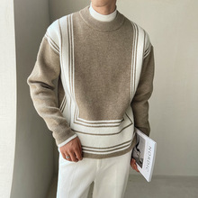 品質韓版男裝秋冬幾何線條提花輕熟風簡約毛衣拼色寬松圓領針織衫