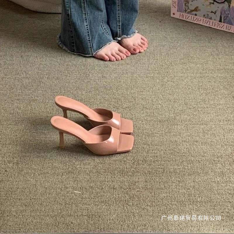 Open-Toe Pointed High Heels 2025 Spring and Summer New Women's Stiletto Slip-On Patent Leather Sexy Black Outdoor Sandals