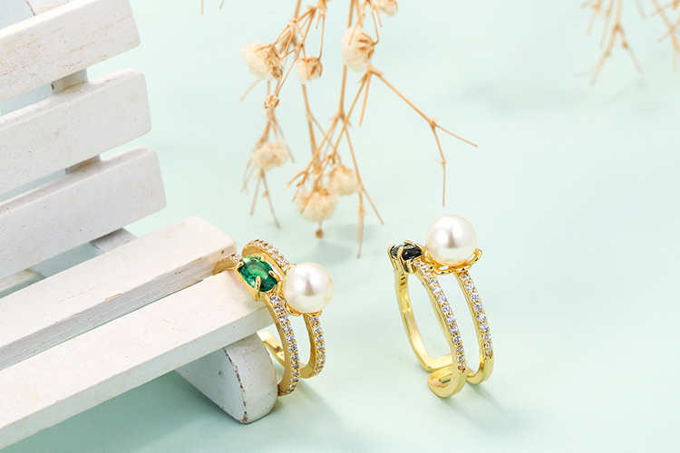 Unisex Gender Wholesale Jewelry Copper Micro-inlaid Zircon Pearl Double-layer Opening Ring