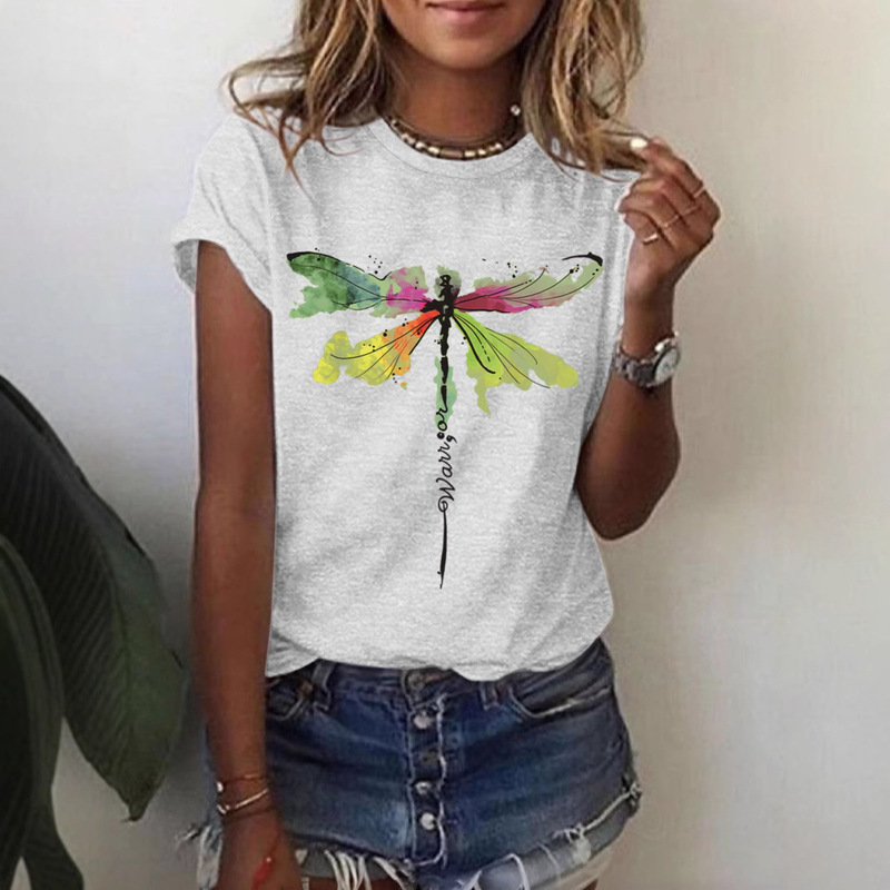 Popular Amazon Tiktok New Women's Clothing Mental Health Fun Dragonfly Pattern Printed Round Neck Short-Sleeved T-Shirt