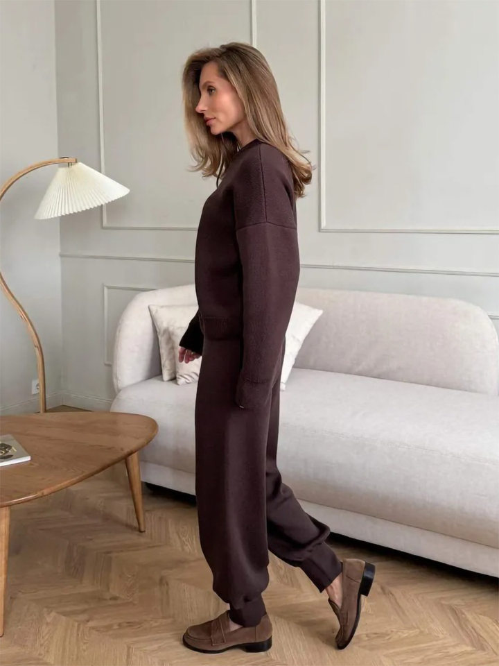Bộ áo cardigan dệt kim khóa kéo dài tay phối quần ống rộng cho nữ — Màu nâu, Màu trắng, Màu xanh dương chi tiết 7