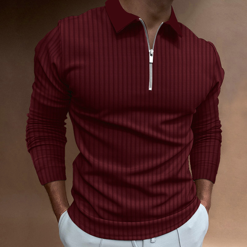 Nuevo transfronterizo de otoño para hombres europeos y estadounidenses deportivo acondicionamiento físico casual de collar vertical elástico tiras verticales con cremallera de manga larga camisa polo