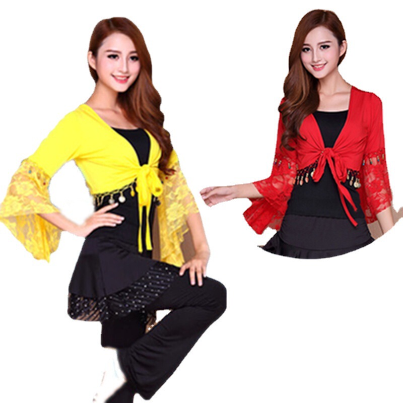 Shengda Jiayi belly dance costume performance clothing square dance costume shawl bell sleeve color Bell lace top Shengda Jiayi belly dance costume performance clothing square dance costume shawl bell sleeve color Bell lace top