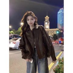 大码酷帅气黑色pu皮衣女秋冬美式复古设计感休闲宽松机车夹克外套
