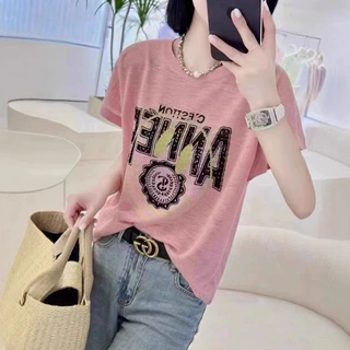 新款韩版字母印花女士短袖大码女装显瘦遮肉上衣T恤洋气打底衫