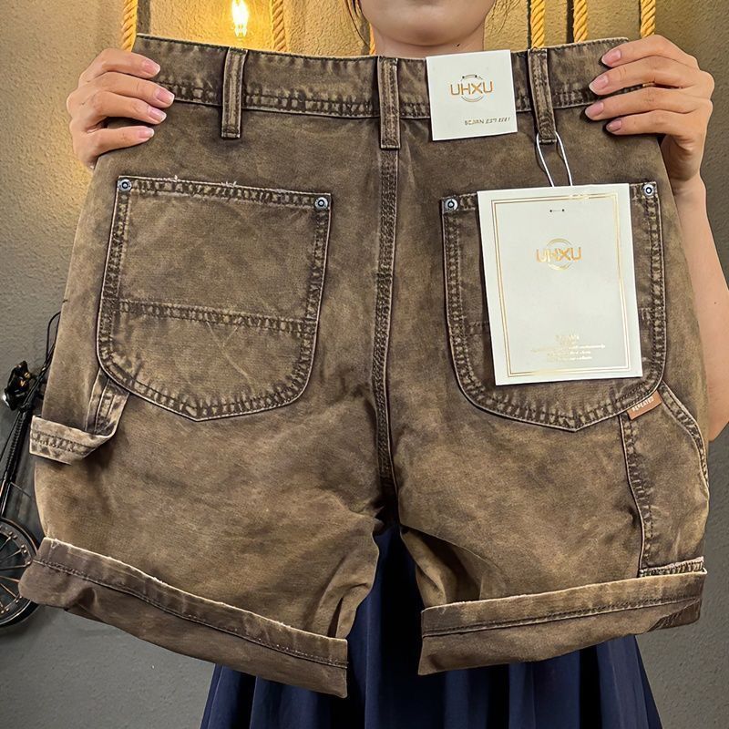 Men's Summer Thin Loose Retro Washed Multi-Pocket High-End Spliced Mid-Length Cargo Shorts