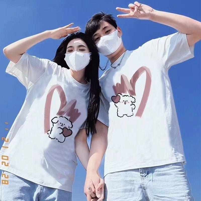 2026夏季情侣短袖T恤心形图案纯棉t恤男女礼物一件代发情侣款t恤