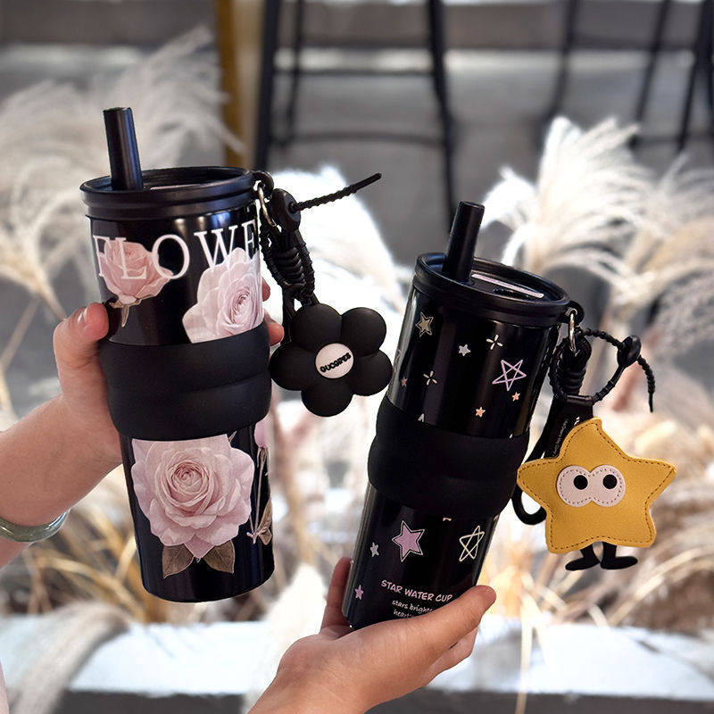 女性の高見えコーヒーカップ、ポータブルウォーターカップ、シンプルなセラミックライナー魔法瓶カップ、大容量カーストローカップ|undefined