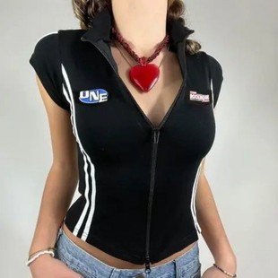 New European and American Motorcycle Style Vintage Color Block Letter Printed Zipper Short-sleeved T-shirt Spice Girls Slim-fit Top