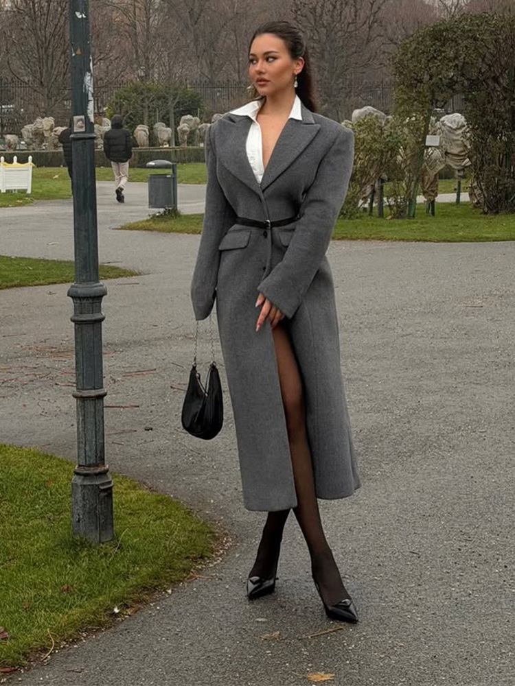 Abrigo Largo de Lana para Mujer de Poliéster con Solapa y Botonadura Simple para Otoño e Invierno