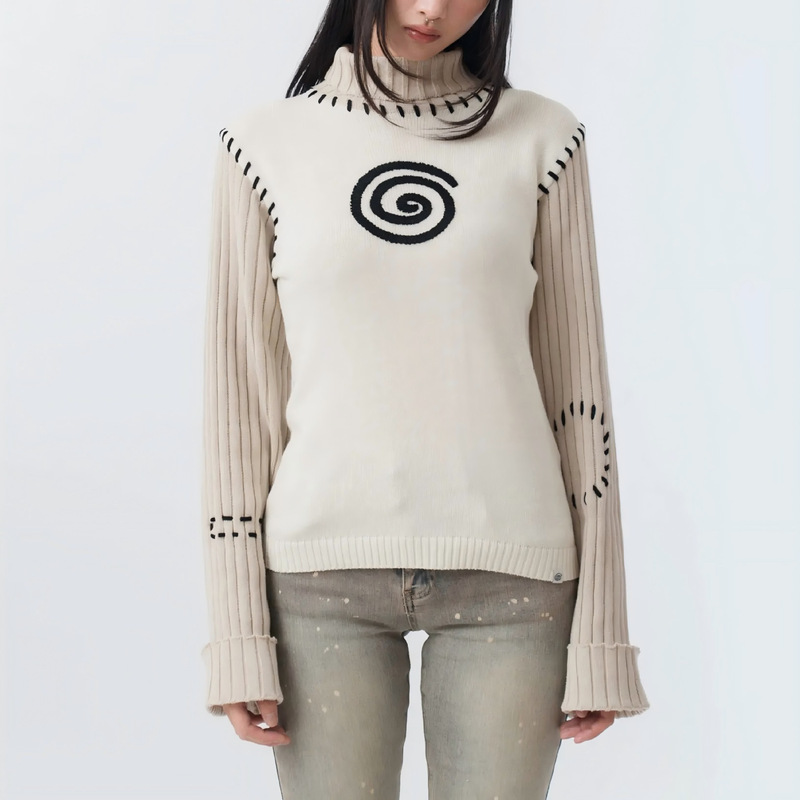Unique design spiral embroidered turtleneck sweater, European and American style, color-blocking vertical ribbed slim-fit knit top wholesale